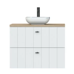 Tiger Maryport Badkamermeubelset 80 Cm Mat Wit Met Licht Eiken Wasblad, Keramische Opzetkom En Matzwarte Grepen -Tiger 123 1037