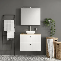 Tiger Maryport Badkamermeubelset 80 Cm Mat Wit Met Licht Eiken Wasblad, Keramische Opzetkom En Matzwarte Grepen -Tiger 123 1043