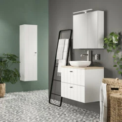 Tiger Maryport Badkamermeubelset 80 Cm Mat Wit Met Licht Eiken Wasblad, Keramische Opzetkom En Matzwarte Grepen -Tiger 123 1044