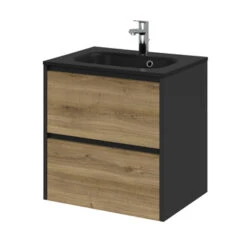 Tiger Reverse Meubelset Met 2 Lades 60 Cm Chalet Eik / Mat Zwart Inclusief Oval Wastafel Mat Zwart