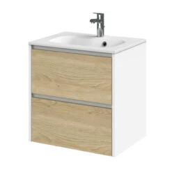 Tiger Reverse Meubelset Met 2 Lades 60 Cm Naturel Eik / Mat Wit Inclusief Oval Wastafel Mat Wit