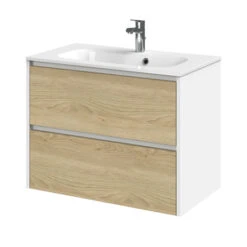 Tiger Reverse Meubelset 80 Cm Met 2 Lades Naturel Eik / Mat Wit Inclusief Oval Wastafel Hoogglans Wit