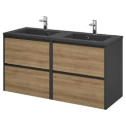 Tiger Reverse Meubelset 2x60 Cm Met 4 Lades Chalet Eik / Mat Zwart Inclusief 2 Quadro Wastafels Mat Zwart