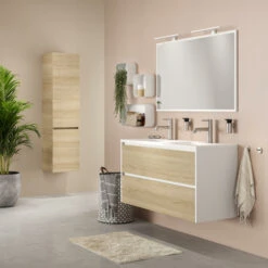 Tiger Reverse Meubelset 120 Cm Met 2 Lades Naturel Eik / Mat Wit Inclusief Oval Wastafel Dubbel Hoogglans Wit -Tiger 123 1499