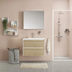 Tiger Reverse Meubelset 60 Cm Met 2 Lades Naturel Eik / Mat Wit Inclusief Quadro Wastafel Hoogglans Wit -Tiger 123 1631