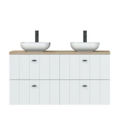 Tiger Maryport Badkamermeubelset 120 Cm Mat Wit Met Licht Eiken Houten Wasblad, Keramische Opzetkom En Matzwarte Grepen -Tiger 123 249