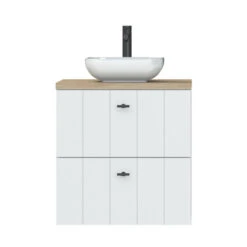 Tiger Maryport Badkamermeubelset 60 Cm Mat Wit Met Licht Eiken Wasblad, Witte Keramische Opzetkom En Matzwarte Grepen -Tiger 123 363