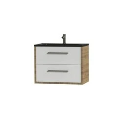 Tiger Badkamermeubel Boston 80 Cm Chalet Eik Met Polybeton Wastafel Mat Zwart En Ronde Grepen RVS -Tiger 123 609