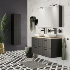 Tiger Maryport Badkamermeubelset 120 Cm Mat Zwart Met Licht Eiken Houten Wasblad, Keramische Opzetkommen En Matzwarte Grepen -Tiger 123 733