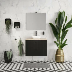 Tiger Maryport Badkamermeubelset 80 Cm Mat Zwart Met Licht Eiken Houten Wasblad, Keramische Opzetkom En Matzwarte Grepen -Tiger 123 890